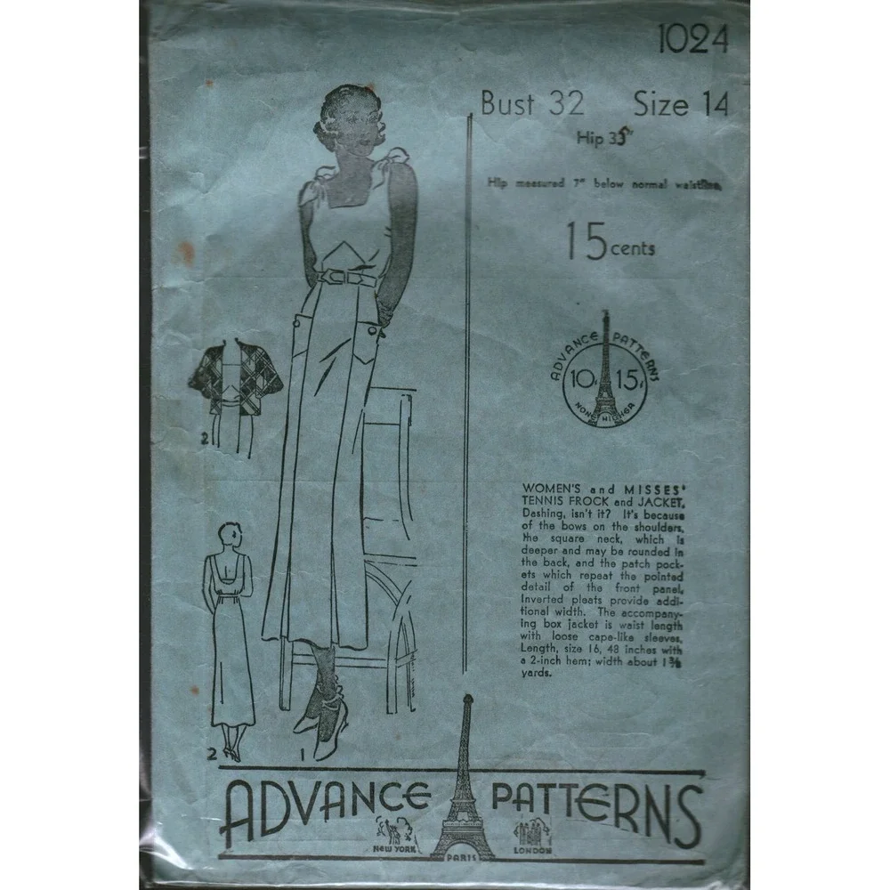 Vintage 1930s Advance 1024 Sewing Pattern Tennis Frock & Jacket Bust 32 Size 14
